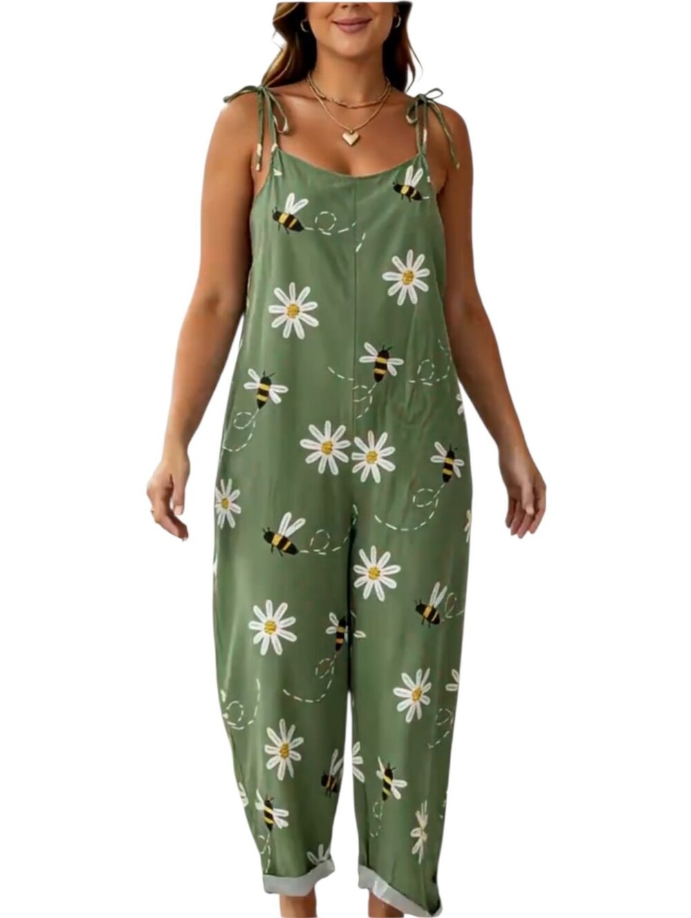 Sleeveless Olive Green Printed Daisy & Bee Jumpsuit